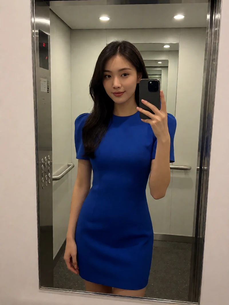 虚构成年女性穿蓝色短裙在电梯镜中举手机自拍且脸完整可见
