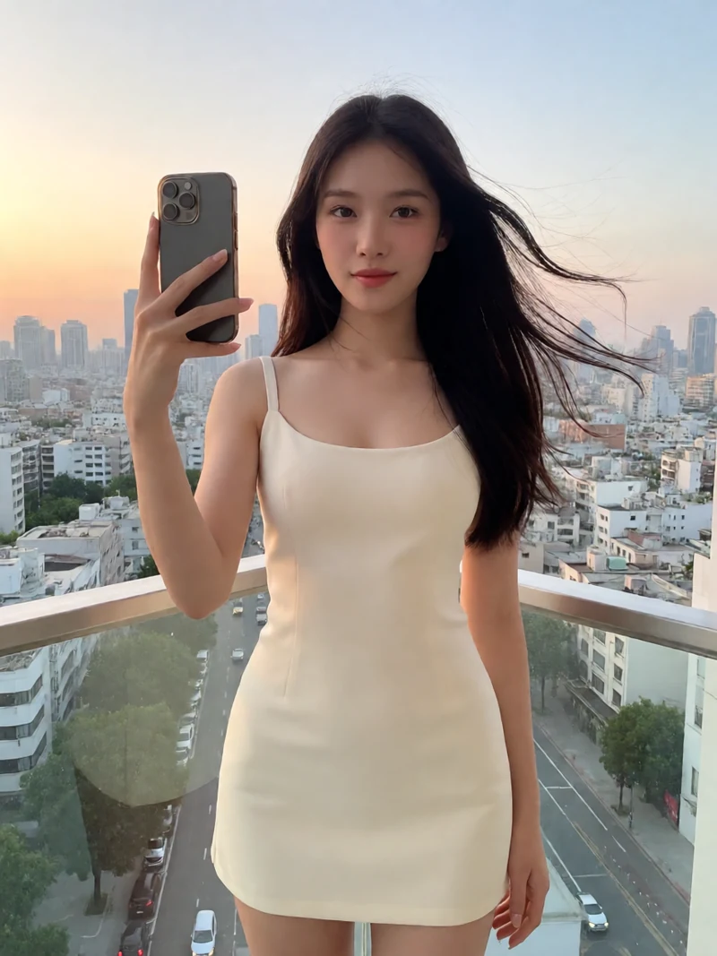 虚构成年女性穿奶油色短裙在日落露台举手机自拍