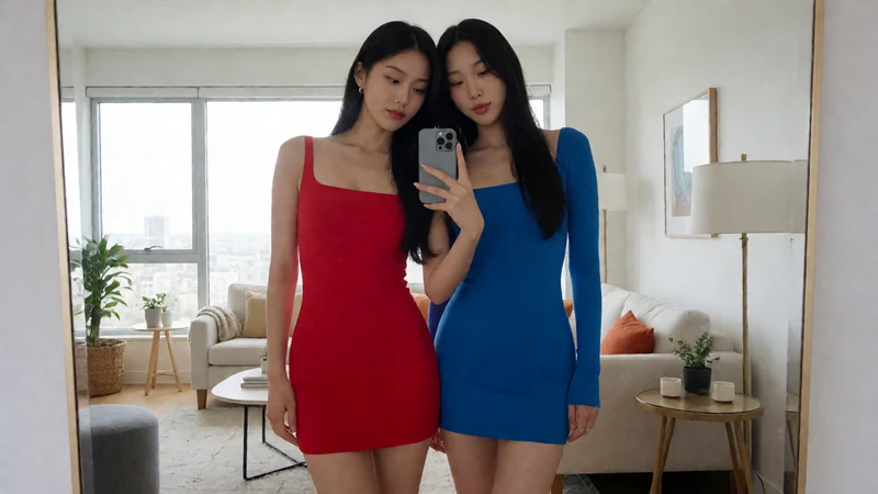 两名虚构成年女性穿红色和蓝色短裙站在镜前用手机拍自拍,面部完整可见